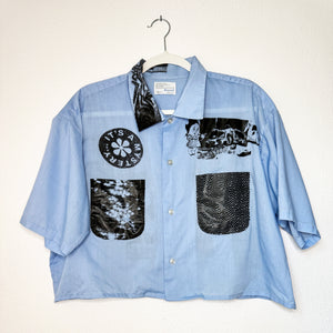 BABY BLUE & BLACK CROPPED SHORT SLEEVE BUTTON UP