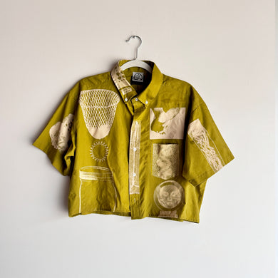 CHARTREUSE & CREAM CROPPED SHORT SLEEVE BUTTON-UP