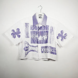 WHITE & LILAC CROPPED SHORT SLEEVE BUTTON-UP