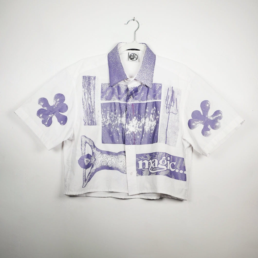 WHITE & LILAC CROPPED SHORT SLEEVE BUTTON-UP