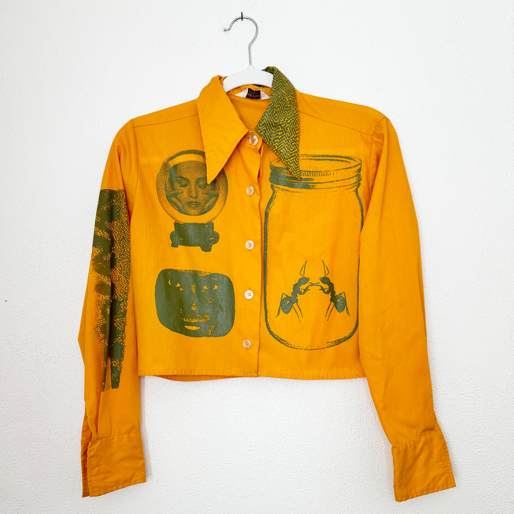 MUSTARD & GREEN CROPPED LONGSLEEVE BUTTON-UP