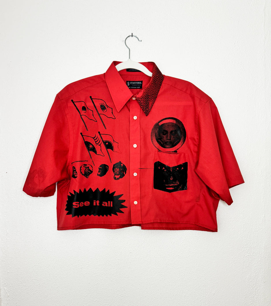 RED & BLACK CROPPED SHORT SLEEVE BUTTON-UP